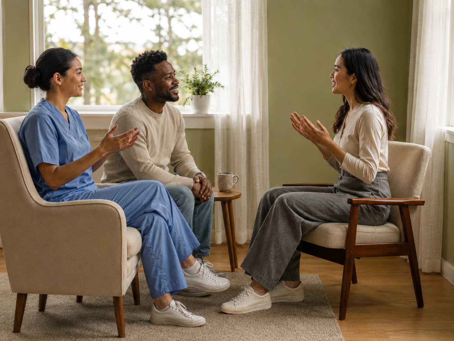 A caregiver and family member talking with an older man in a warm living room
