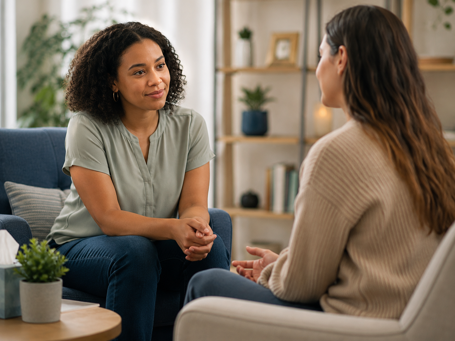 A peer support conversation between three women listening and offering encouragement