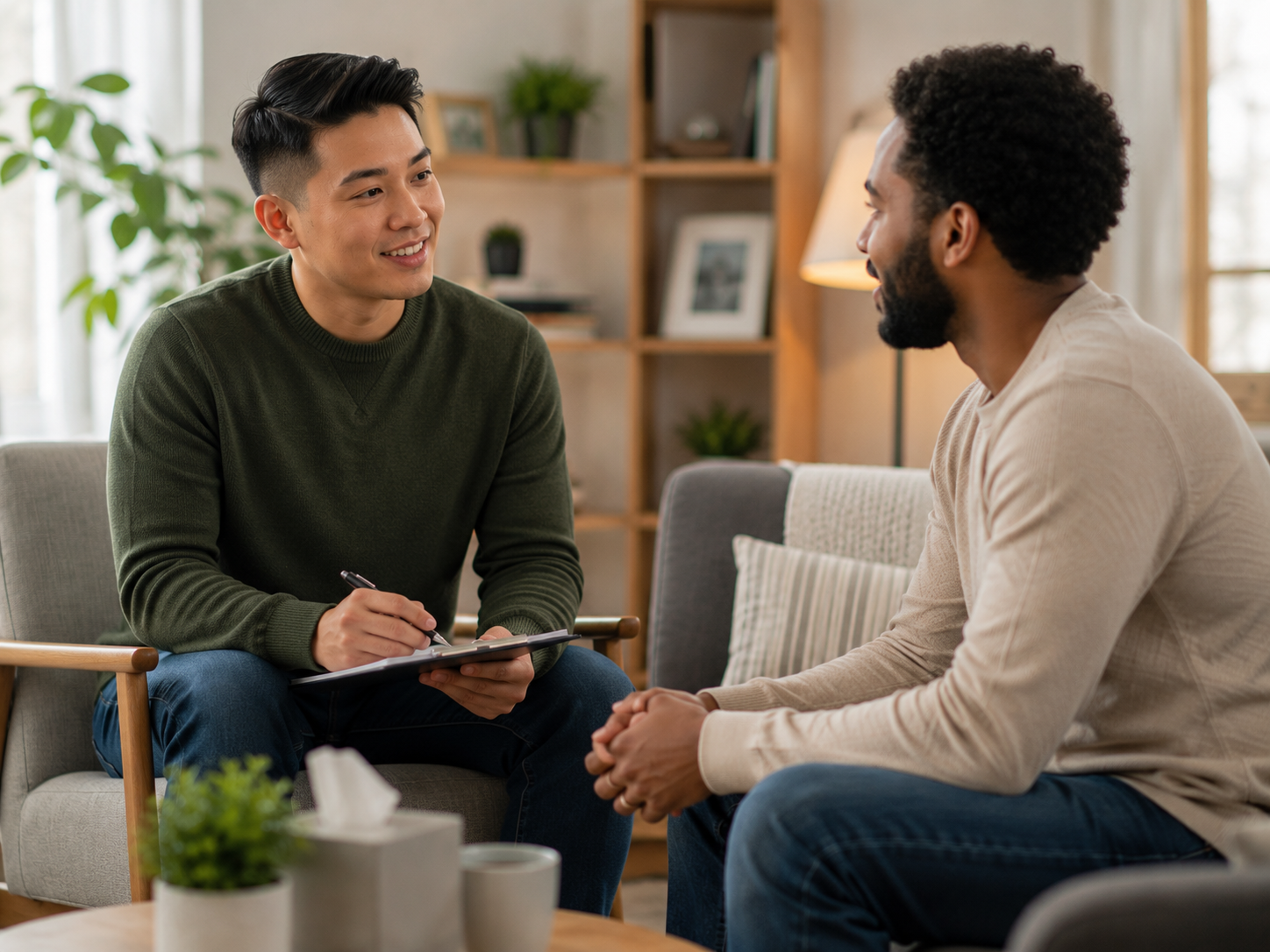 A support professional speaking with a young man across a table