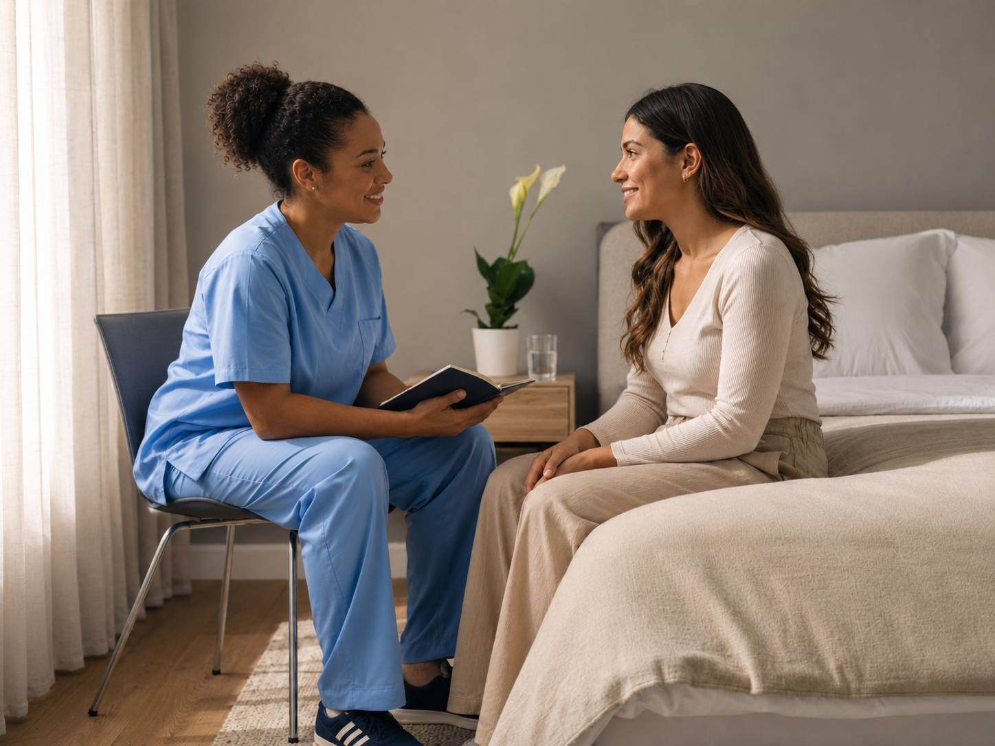 A peer support conversation between three women listening and offering encouragement